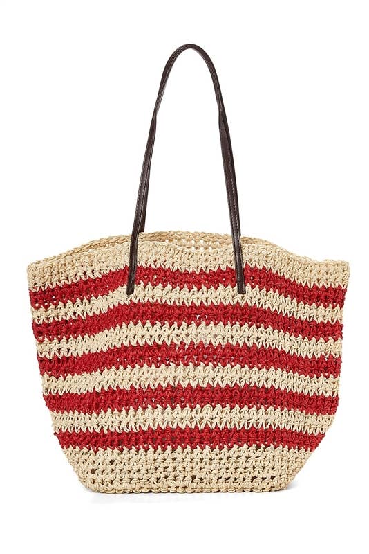 STRIPED CROCHET STRAW TOTE BAG