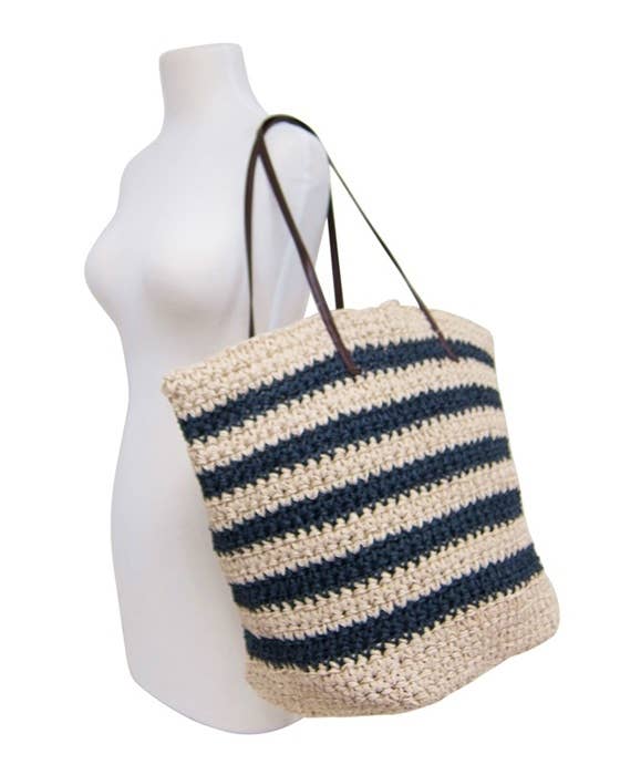 STRIPED CROCHET STRAW TOTE BAG