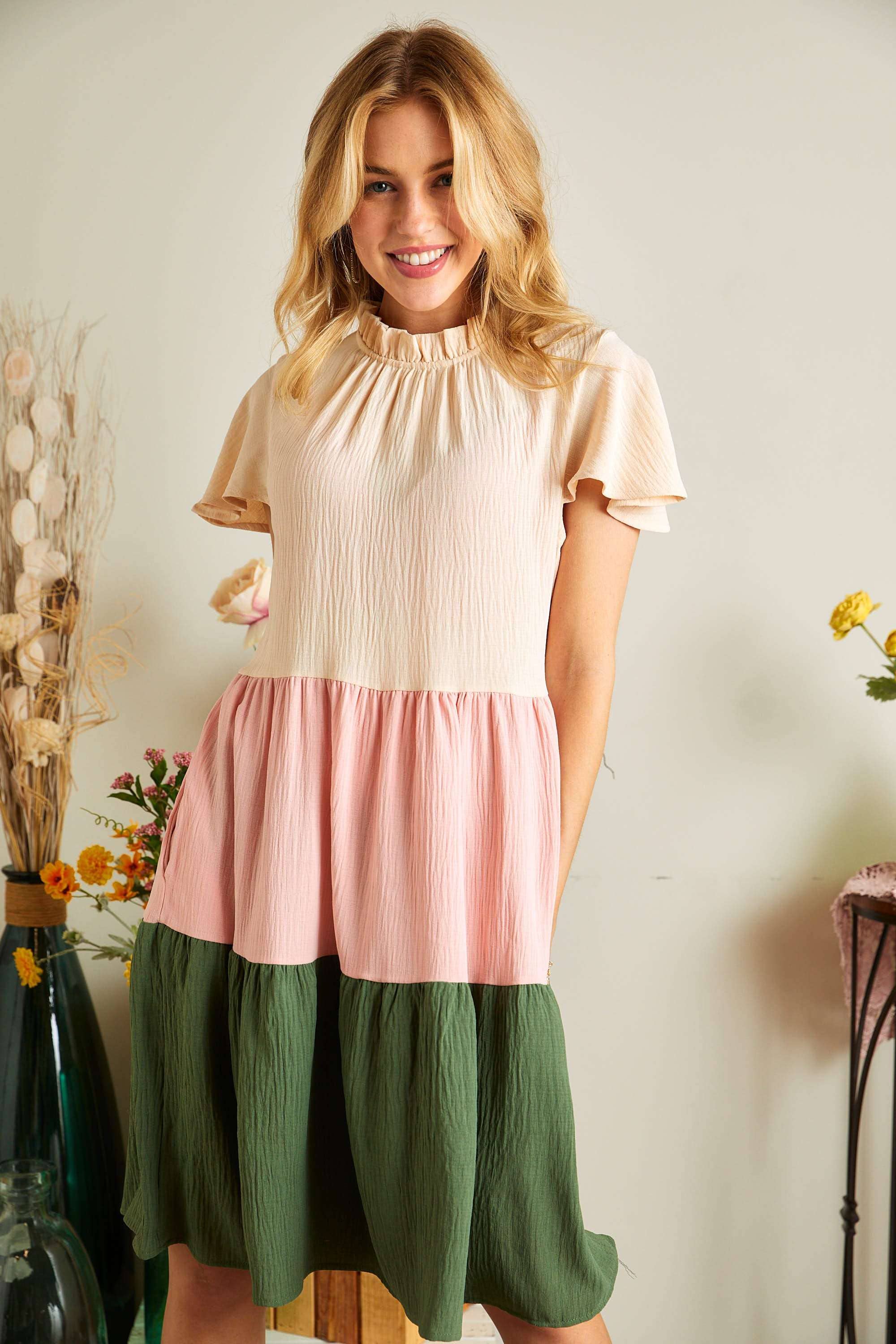 COLORBLOCK TIERED BABYDOLL DRESS