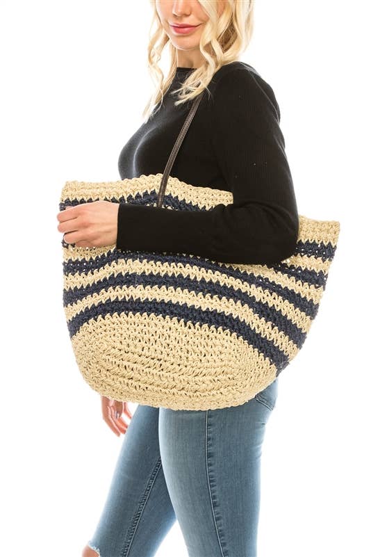 STRIPED CROCHET STRAW TOTE BAG