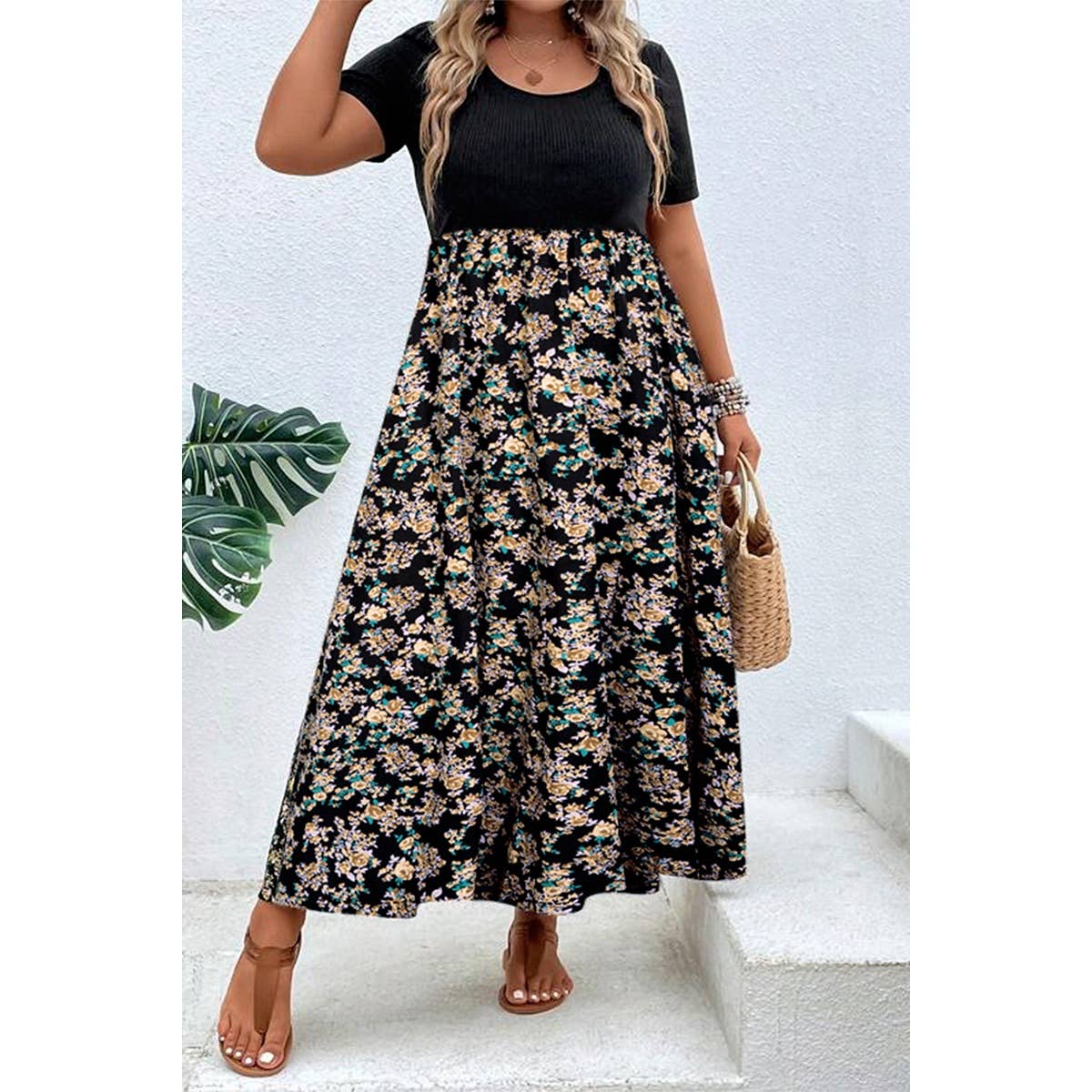 Plus Floral Print Elastic Fit High Waist Dress