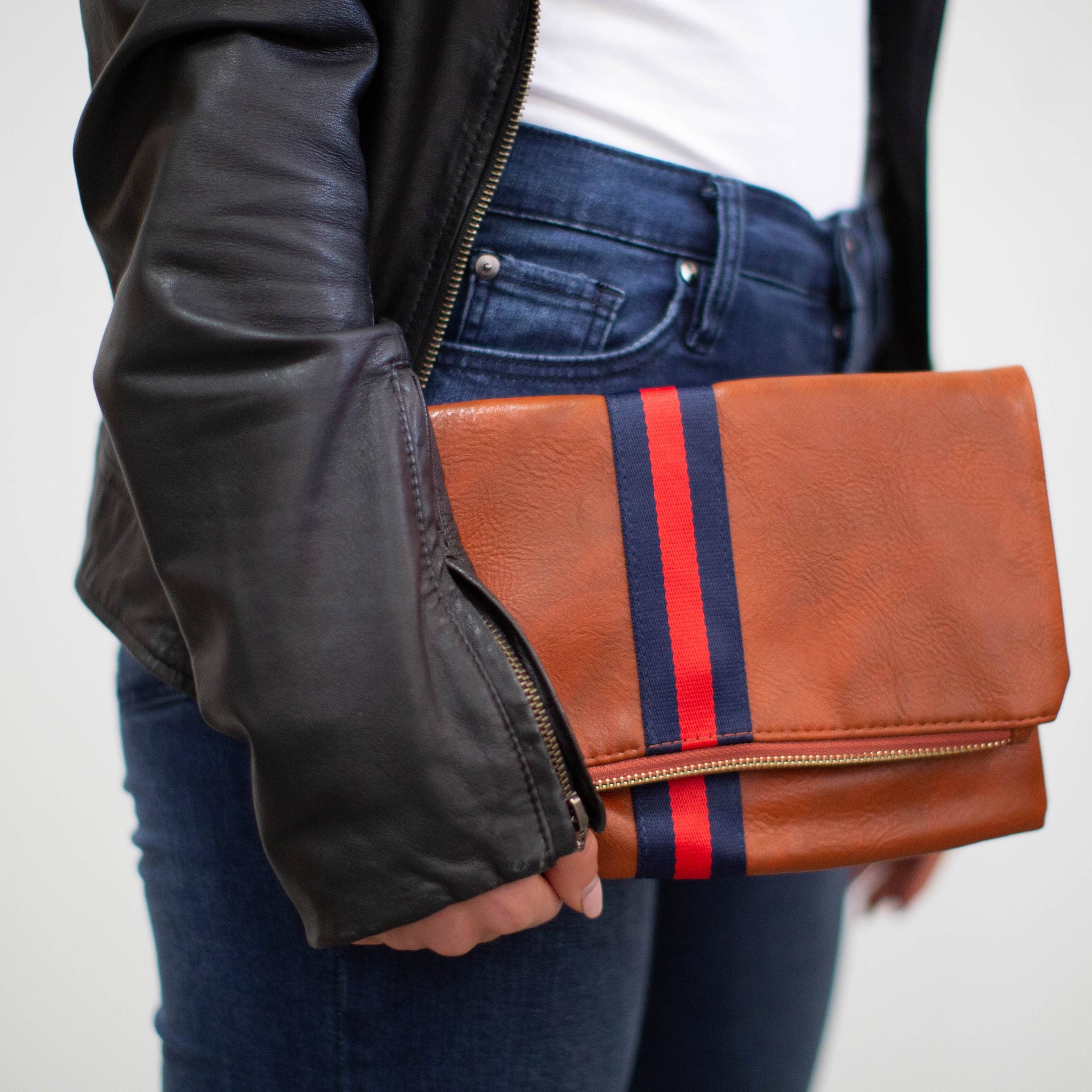 Preppy Stripe Foldover Clutch - Navy & Red