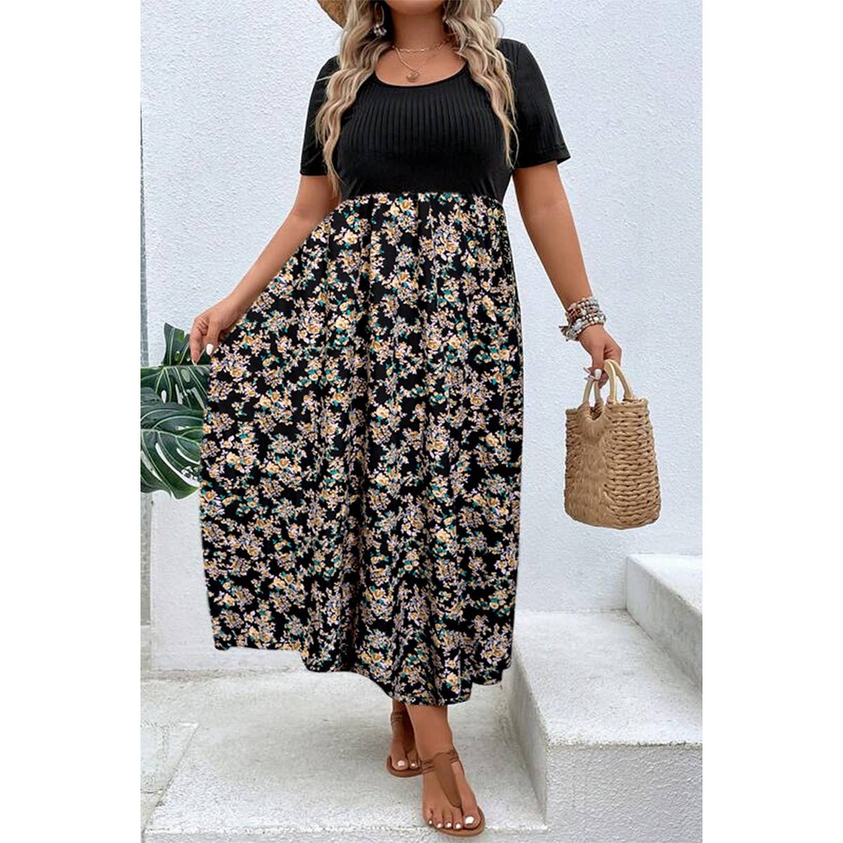 Plus Floral Print Elastic Fit High Waist Dress