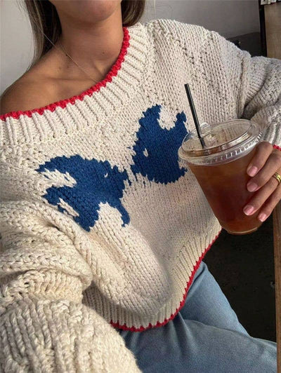 Ocean Fish Graphic Contrast Trim Crew Sweater