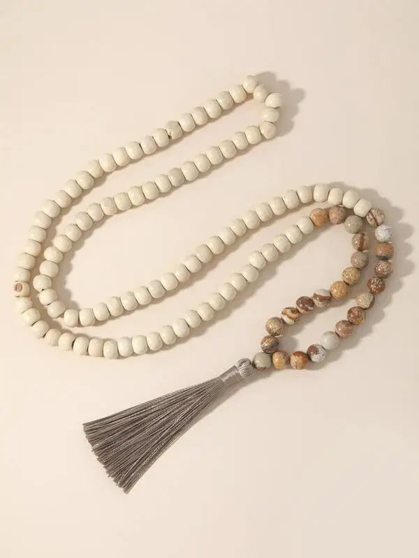 Boho Vibe Wood Bead & Tassel Necklace