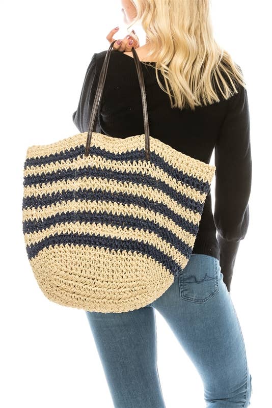 STRIPED CROCHET STRAW TOTE BAG