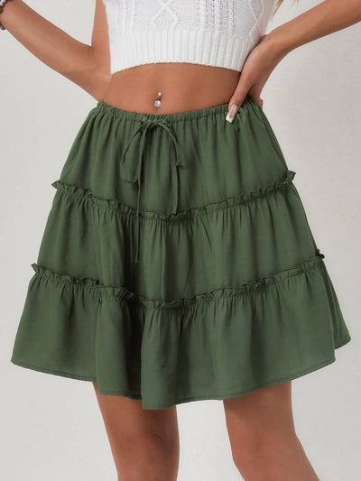 Plain Lace-Up Ruffle Detail Lined Mini Skirt