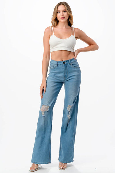 HIGH WAISTED DISTRESSED WOMEN'S WIDE LEG JEANS