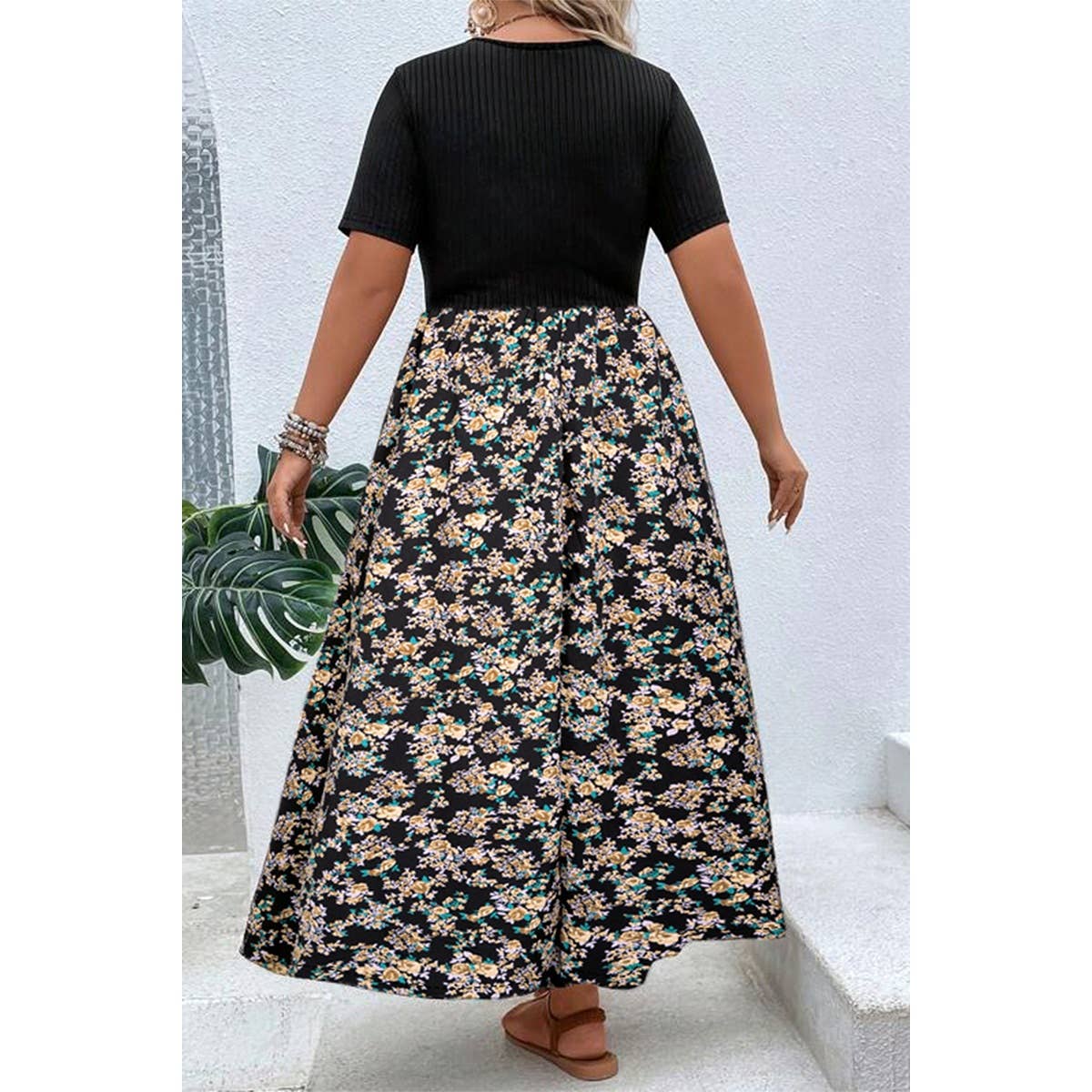 Plus Floral Print Elastic Fit High Waist Dress