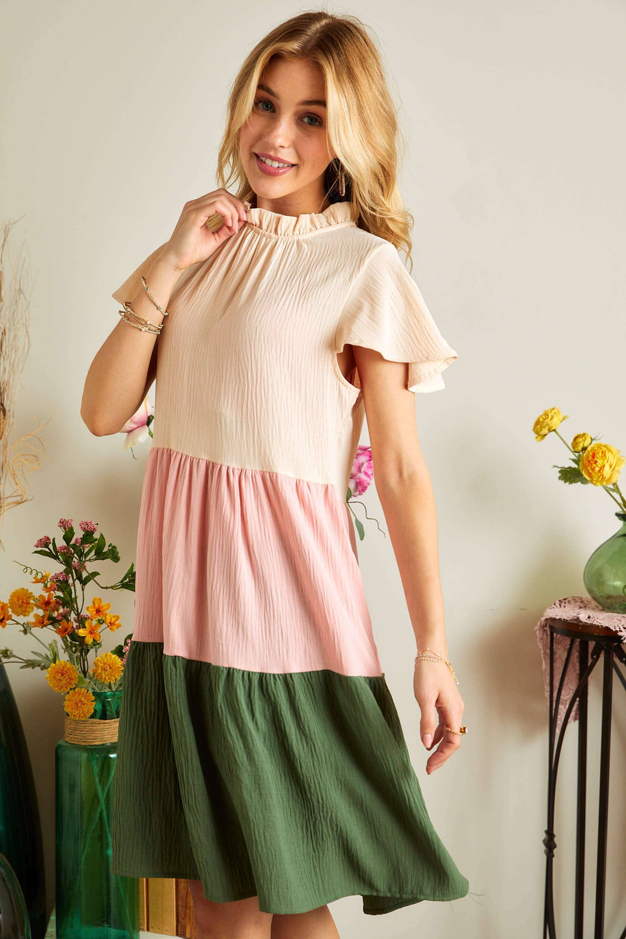 COLORBLOCK TIERED BABYDOLL DRESS